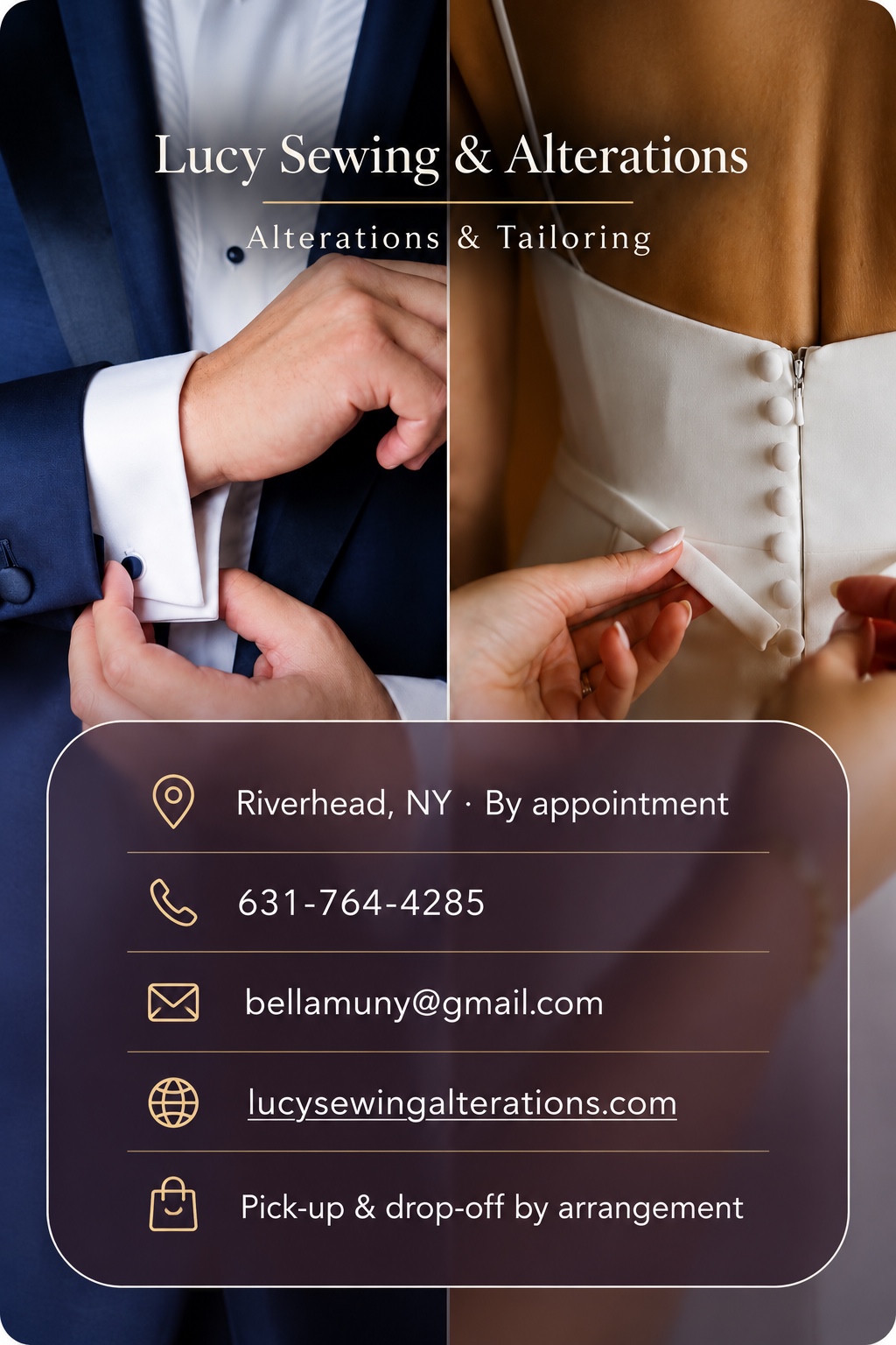 Lucy Sewing & Alterations contact card with garment detail photographs.