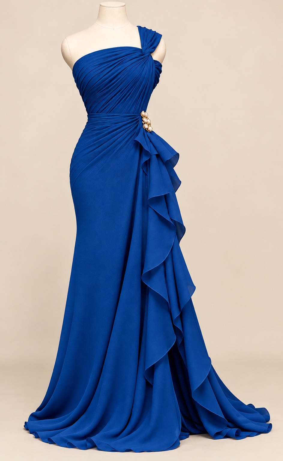Blue one-shoulder gown on a dress form.