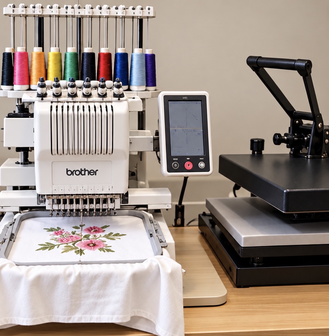 Multi-needle embroidery machine and heat press in the atelier.