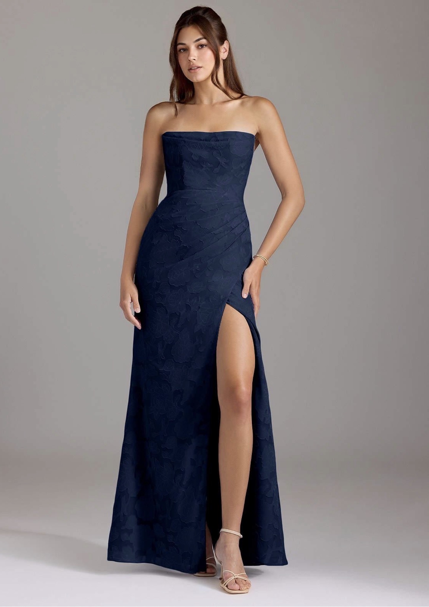 Strapless navy gown.