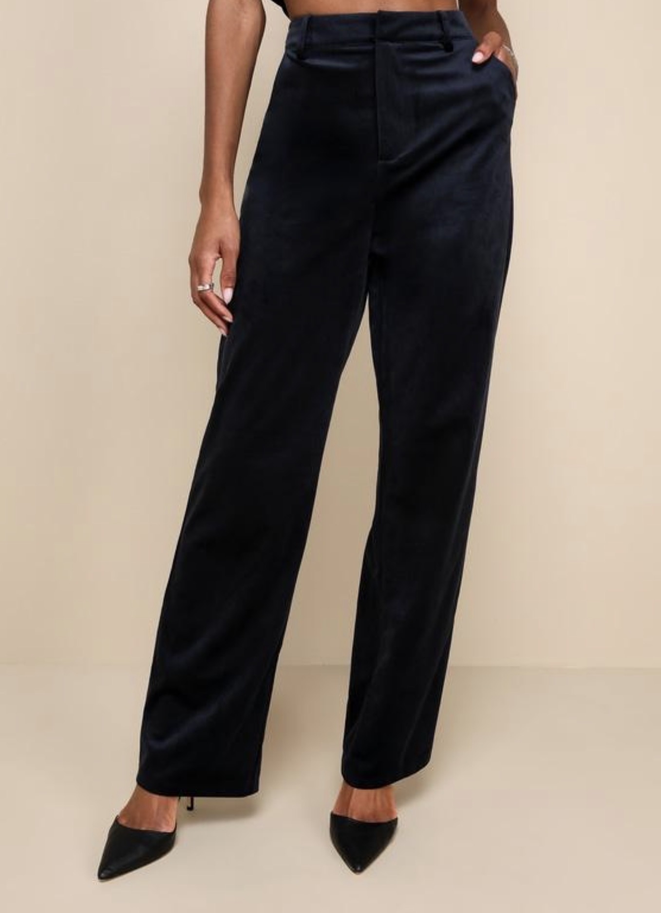 Navy tailored trousers.