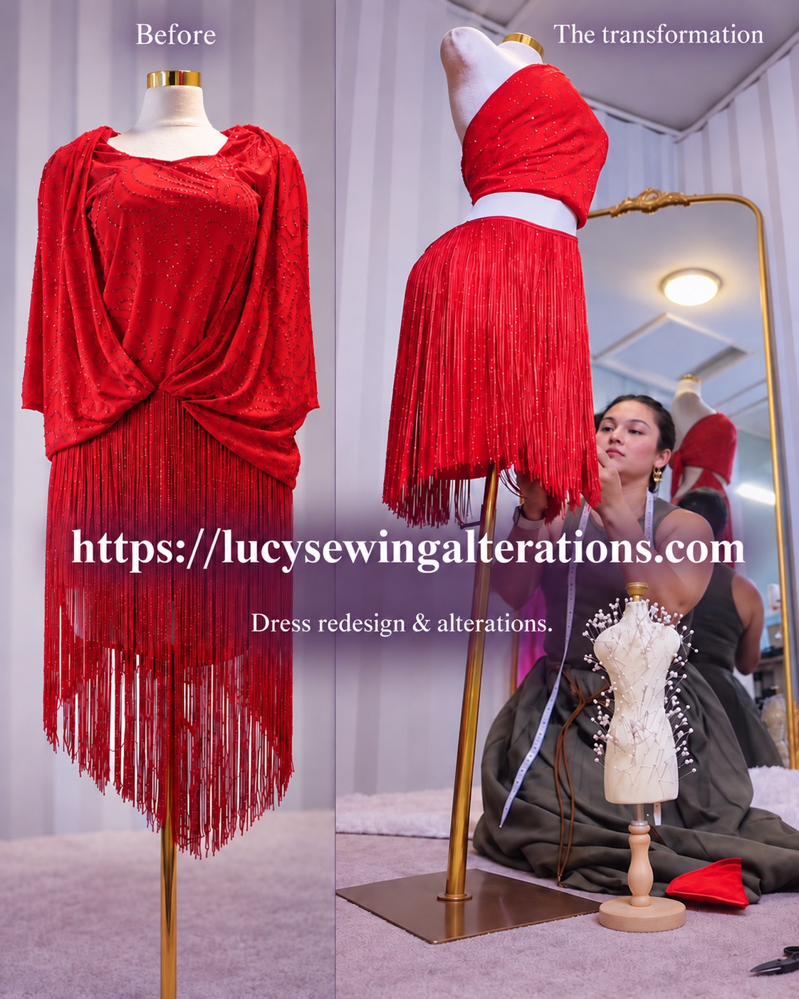 Before-and-after collage of a red dress project, with atelier information.