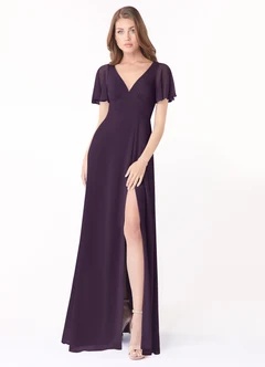 Plum dress with short sleeves.