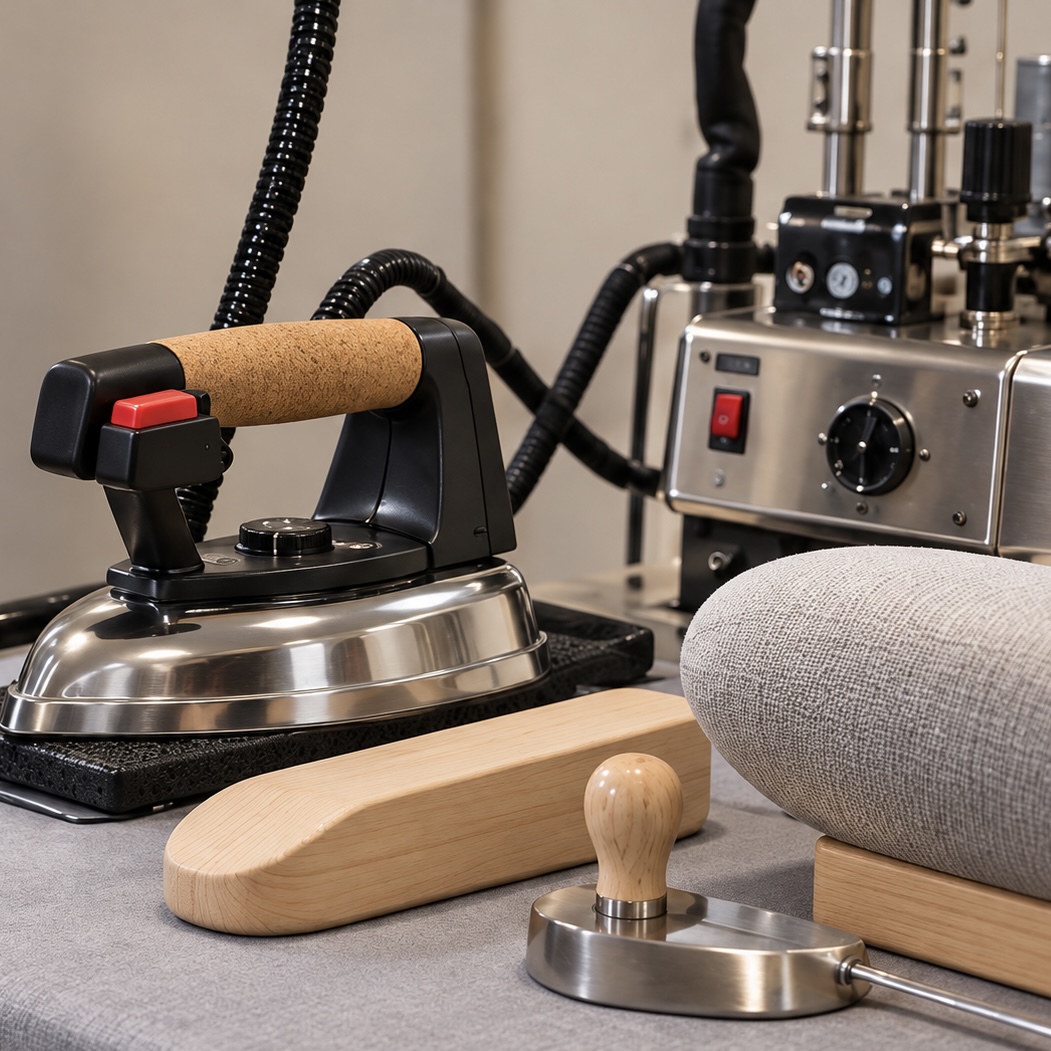 Professional steam iron, pressing cushion, and finishing tools.